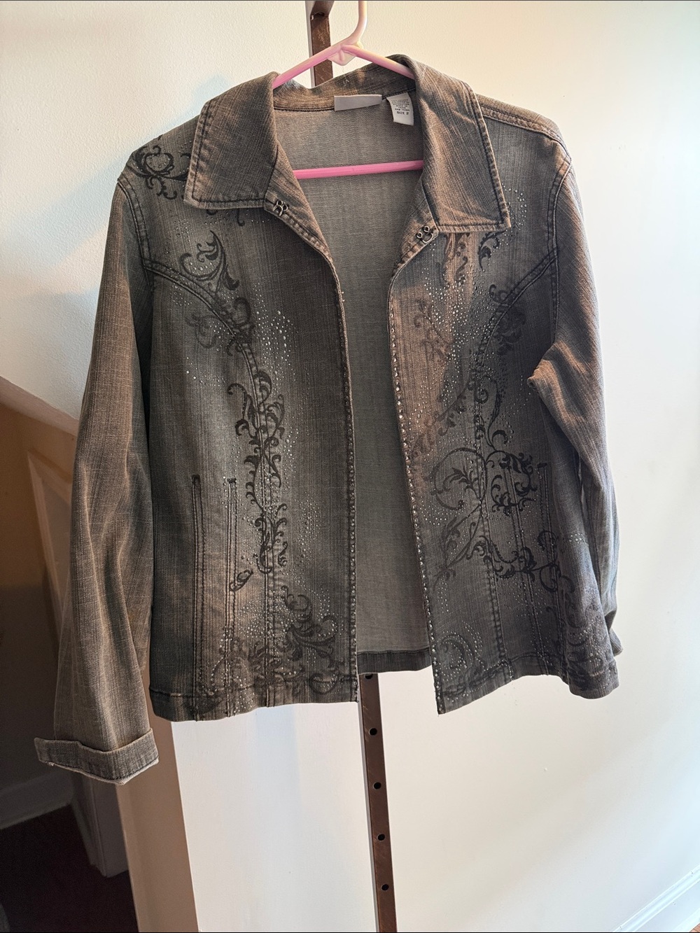 Chico’s Womens Embellished Gray Denim Jacket